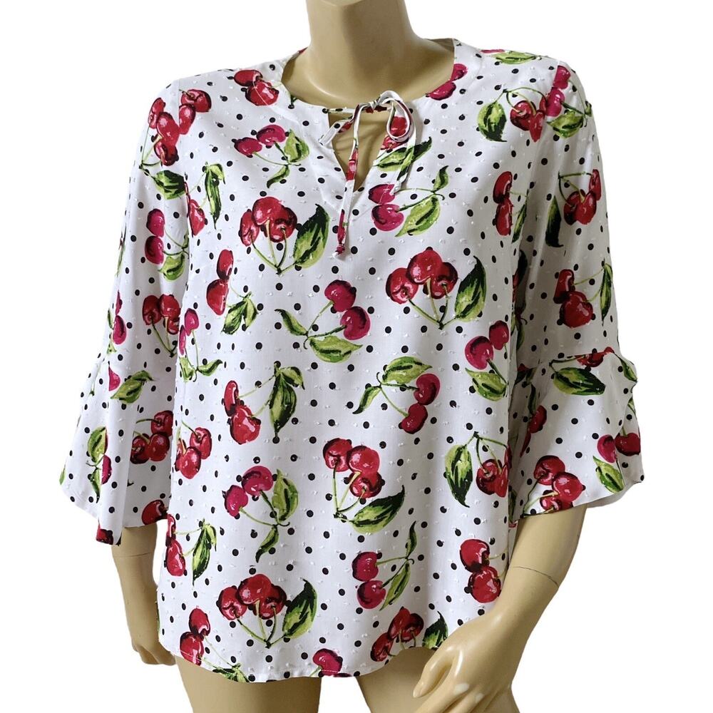 RAFAELLA Womens Size Small Bell Sleeve Cherry Print Keyhole Peasant Boho Shirt